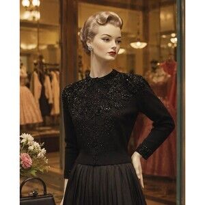 Vintage c1940s Fully Fashioned Beaded Lambswool Evening Cardigan Sweater Black